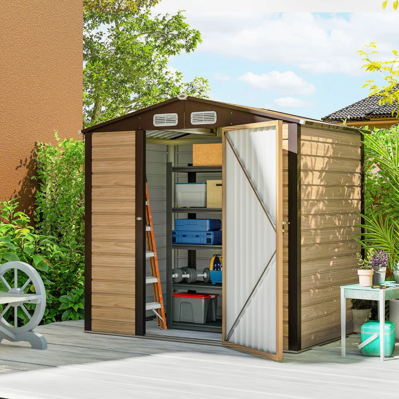 Outsunny Casetta da Giardino in Acciaio con Prese d'Aria e Catenaccio, 1.9x1.3m, Colore Quercia