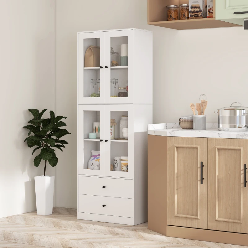 HOMCOM Alacena de Cocina Alta con 4 Puertas de Vidrio 2 Cajones Estantes Ajustables 59x30x170 cm Blanco