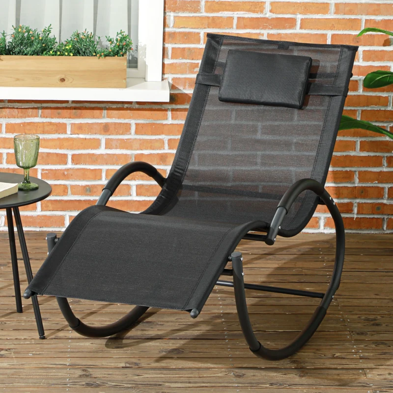 Outsunny Tumbona Mecedora con Reposacabezas Reposabrazos y Marco Metálico Carga 120 kg para Interior y Exterior 155x61x88cm Negro