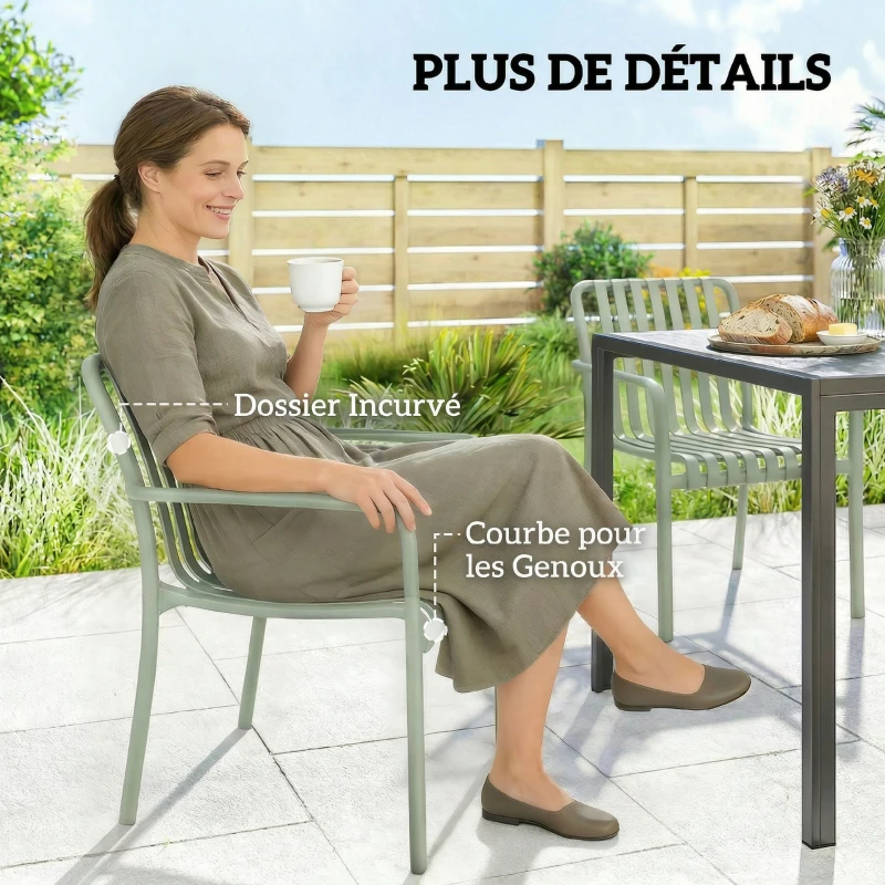 Outsunny Lot de 4 Chaises de Jardin Empilables en Polypropylène Anti-UV Accoudoirs et Dossier à Lattes Ergonomique Gris Vert