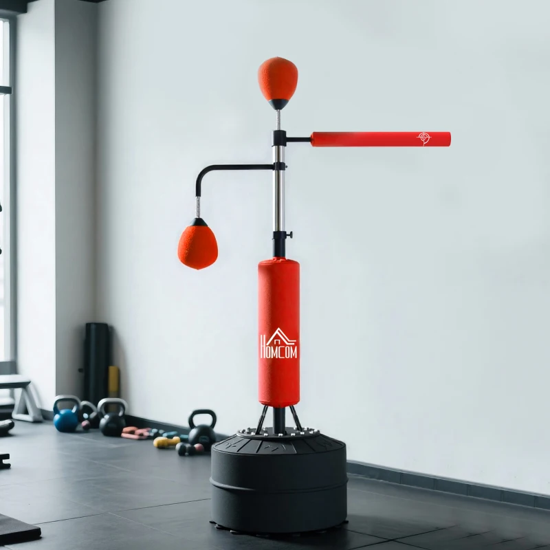 HOMCOM Sac de frappe sur pied 4 en 1 punching ball autonome balles de vitesse barre rotative gants 88 x 50 x 160-230 cm rouge