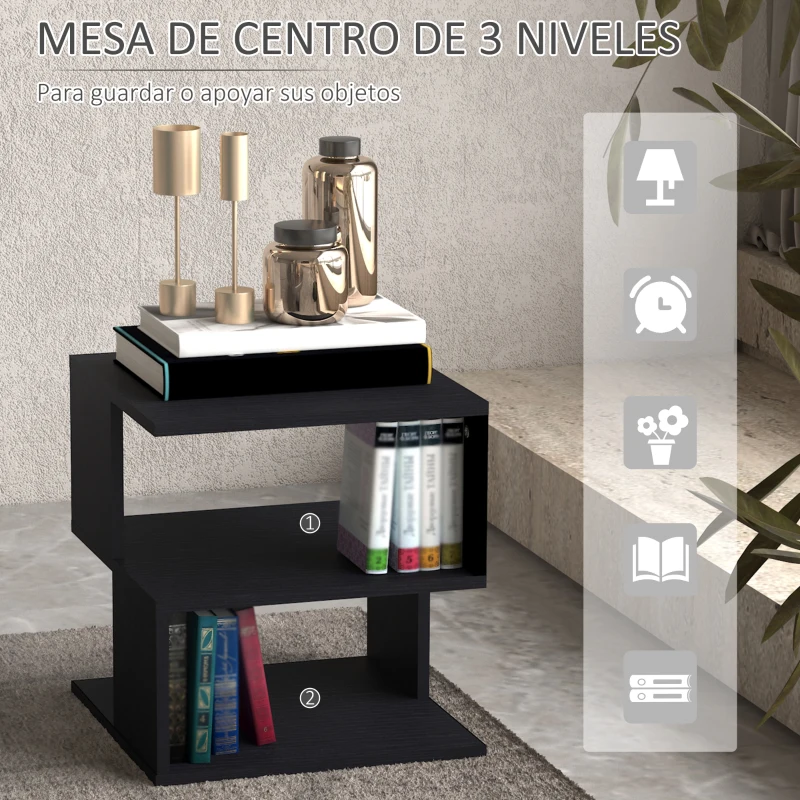 HOMCOM Mesa Auxiliar Cuadrada de 3 Niveles con 3 Estantes Abiertos de Almacenaje para Salón Dormitorio 40x40x43 cm Negro