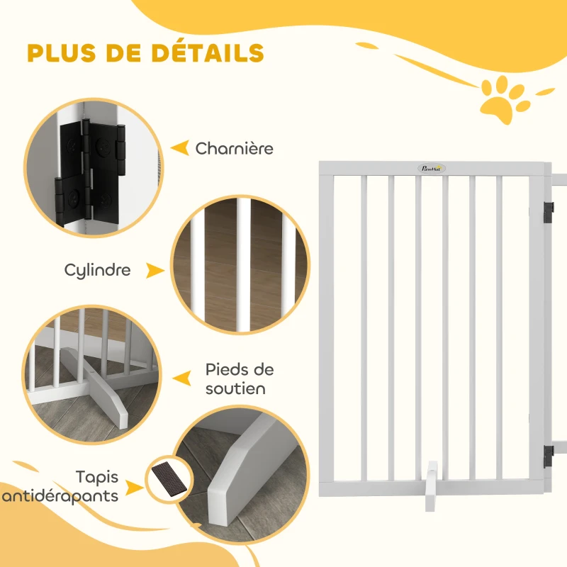 PawHut Barrière de sécurité modulable pliable pour animaux de compagnie avec pied de support, bois massif, 206 x 35,5 x 76 cm