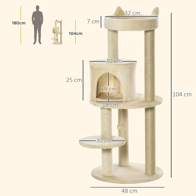 PawHut Arbre à chats multi-équipements griffoirs grattoirs plateformes niche jeu boule suspendue Ø 48 x 104H cm crème