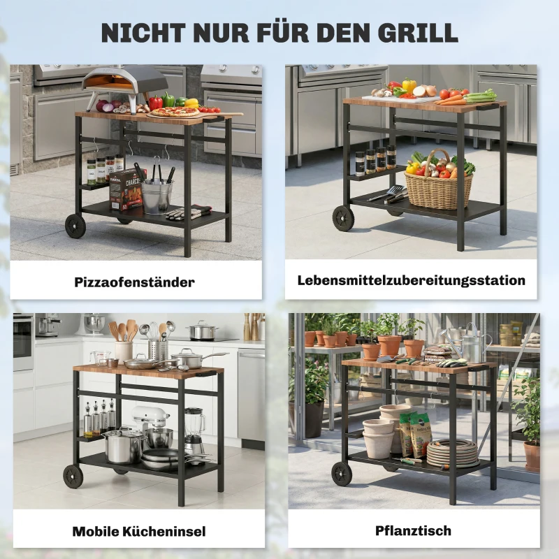 Outsunny Küchenwagen mit Rollen, Servierwagen, Rollwagen mit Haken, Getränkehalter, Metall, 97 x 51 x 83 cm Schwarz+Braun
