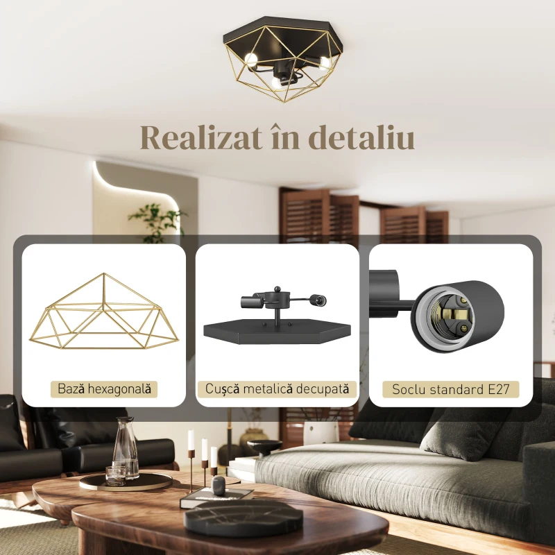 HOMCOM Lustră de Tavan Stil Industrial Geometrică cu 3 Socluri E27 pentru Becuri LED, Negru și Auriu