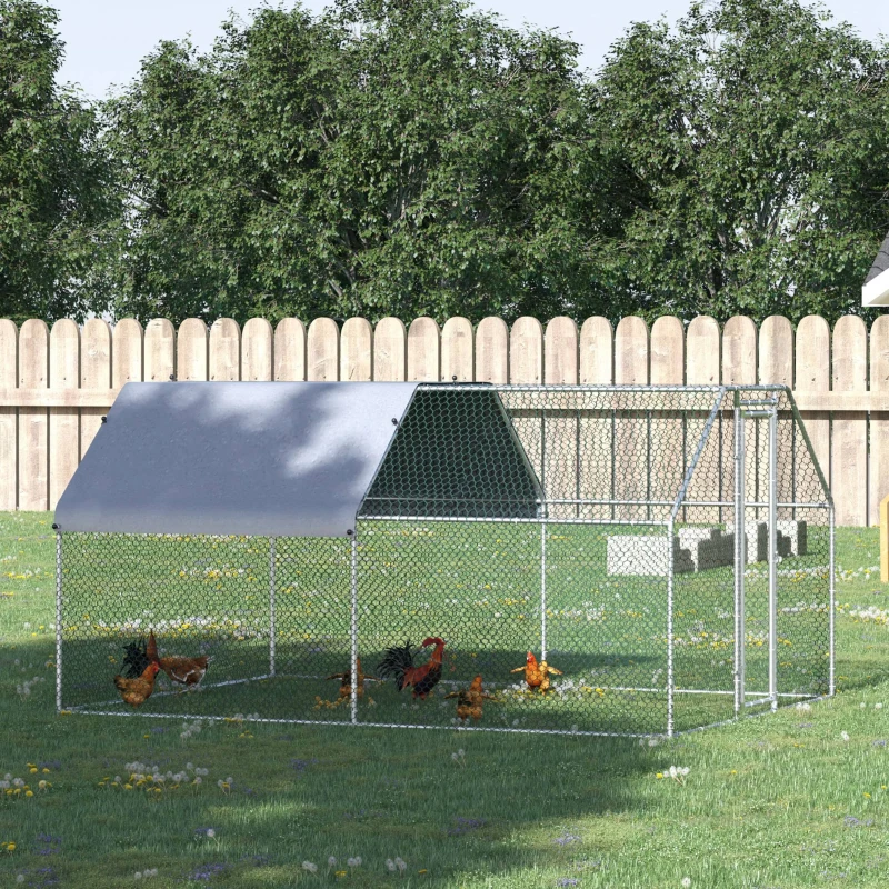 PawHut Gallinero de Exterior 2,8x3,8x1,95 m Gallinero Grande Cubierta de Tela Oxford y Corral de Metal Galvanizado Plata