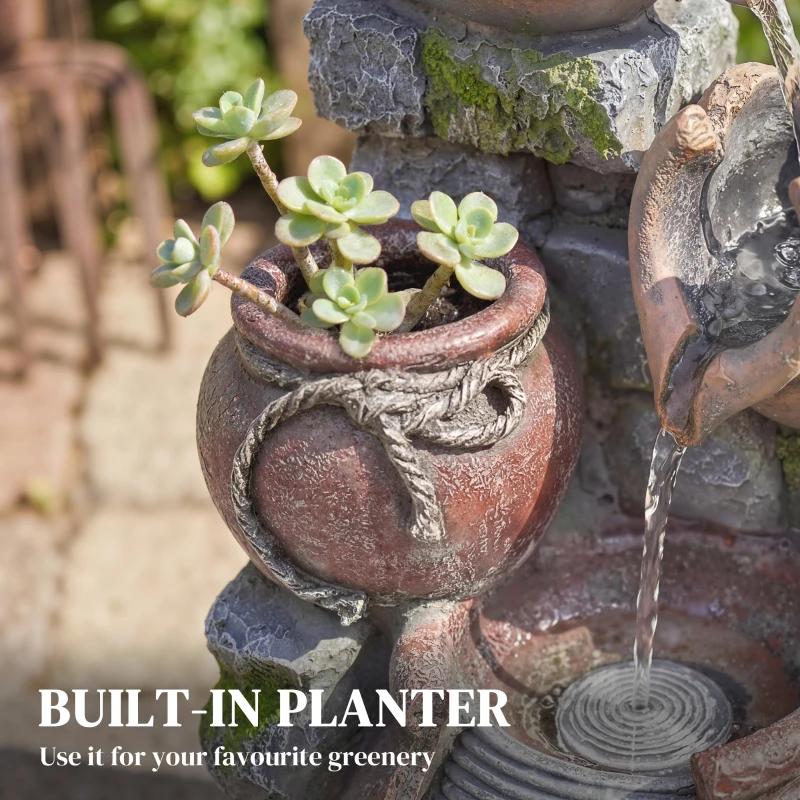 Outsunny Outdoor Fountain with 4-Tier Rustic Pots & Planter, Garden Fountain with LED Lights, Rustic Brown