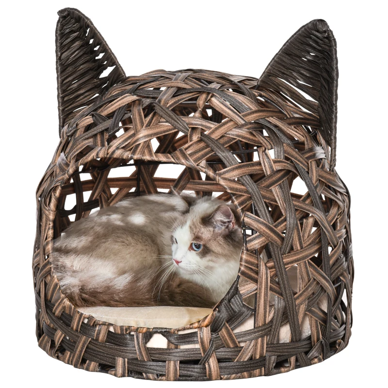PawHut Cuccia per Gatti, Cesta per Gatti Adulti fino 4.5kg, Cesta in Vimini Sintetico a Forma di Gatto, Marrone