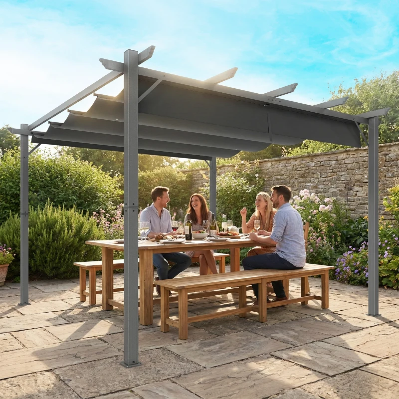 Outsunny Pérgola de Jardín 3x3 m con Techo Retráctil Protección UPF30+ Drenaje Marco de Aluminio para Patio Exterior Gris Oscuro