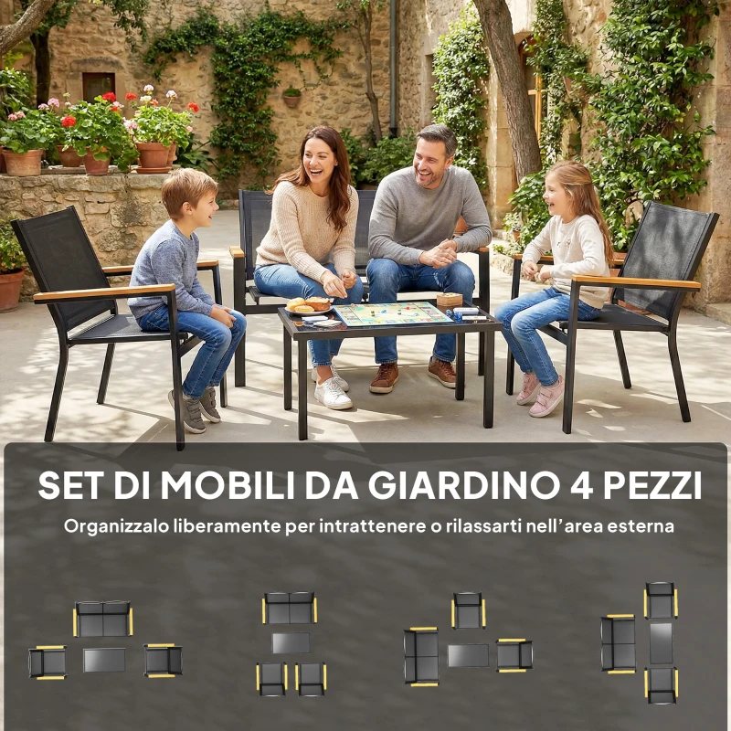 Outsunny Mobili da Giardino 4pz con Tavolino da Caffè in Vetro Temperato e 3 Sedute in Tessuto Teslin, Nero