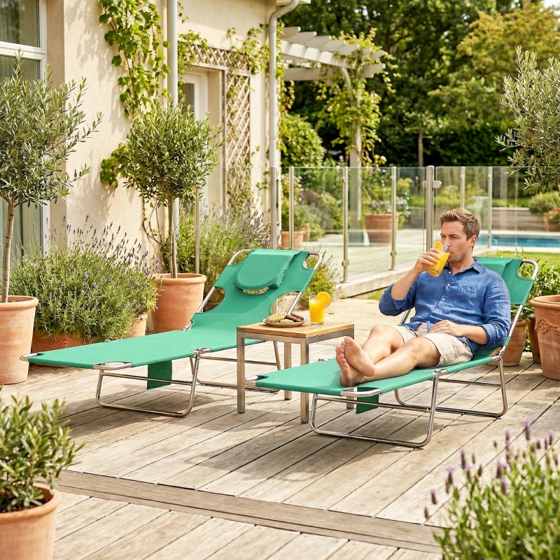 Outsunny 5-Position Adjustable Sun Loungers Set of 2 with Reading Hole and Side Pocket, Green