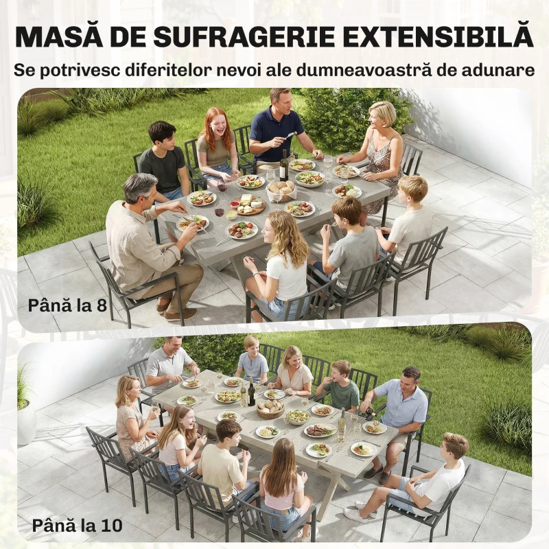 Outsunny Masă Extensibilă de Grădină pentru 8-10 Persoane, din Aluminiu și Oțel, 154/214x85x73 cm, Gri