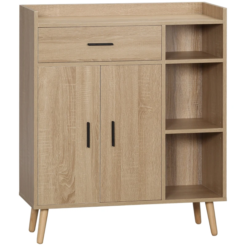 HOMCOM Aparador de Salón Moderno con 2 Puertas 1 Cajón y 3 Estantes Abiertos 80x30x96,5 cm Natural