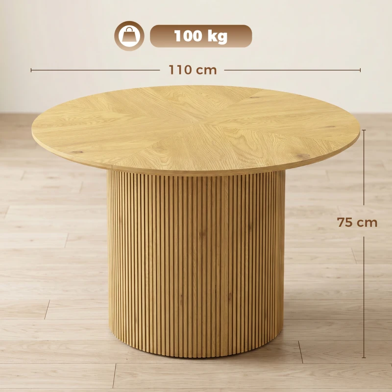 HOMCOM Mesa de Comedor Redonda Moderna para 4-6 Personas Mesa de Cocina de 110 cm con Base Cilíndrica Acanalada Roble