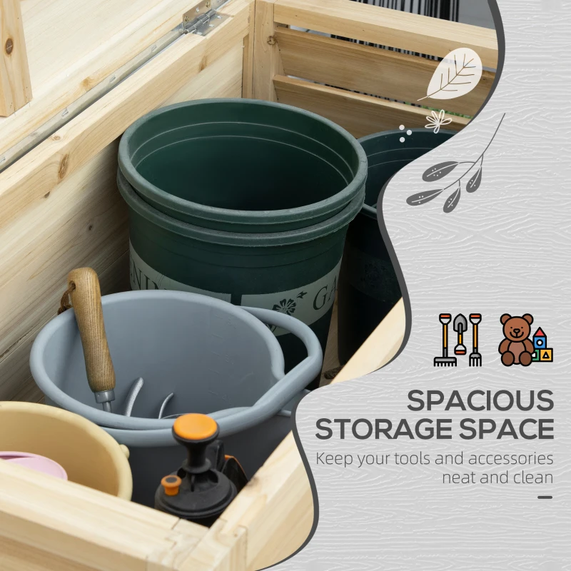 Outsunny 155L Outdoor Storage Box with Metal Top and Shutter Walls, Wooden Outside Tool organiser Container, for Garden, terrace