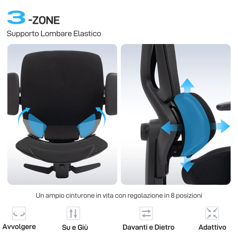 HOMCOM Sedia da Ufficio Ergonomica e Traspirante con Supporto Lombare Dinamico e Poggiapiedi, 73x75x120-128 cm, Nero