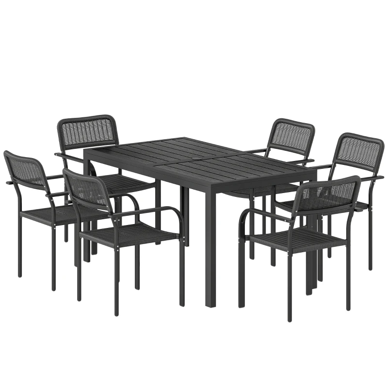 Outsunny Garden Dining Set for 6, Faux Wood Metal Outdoor Table and Stackable Chairs with Plastic Rattan Effect Seat, Black