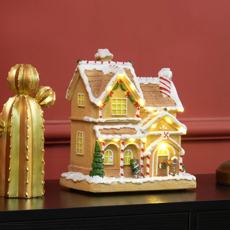 HOMCOM Lebkuchenhaus mit LED-Lichtern und Musik, Weihnachtshaus Winterlandschaft mit Lebkuchenmann, für Weihnachten, Braun