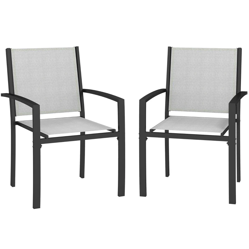 Outsunny Lot de 2 chaises de jardin chaises empilables d'extérieur avec accoudoirs, cadre en acier 60 x 65 x 85 cm gris clair