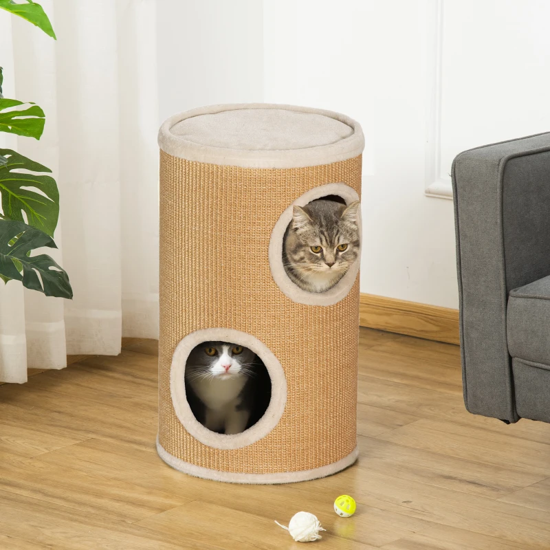 PawHut Torre Tiragraffi per Gatti a 2 Livelli in Sisal con Casette in Peluche per 1-2 Gatti, Marrone