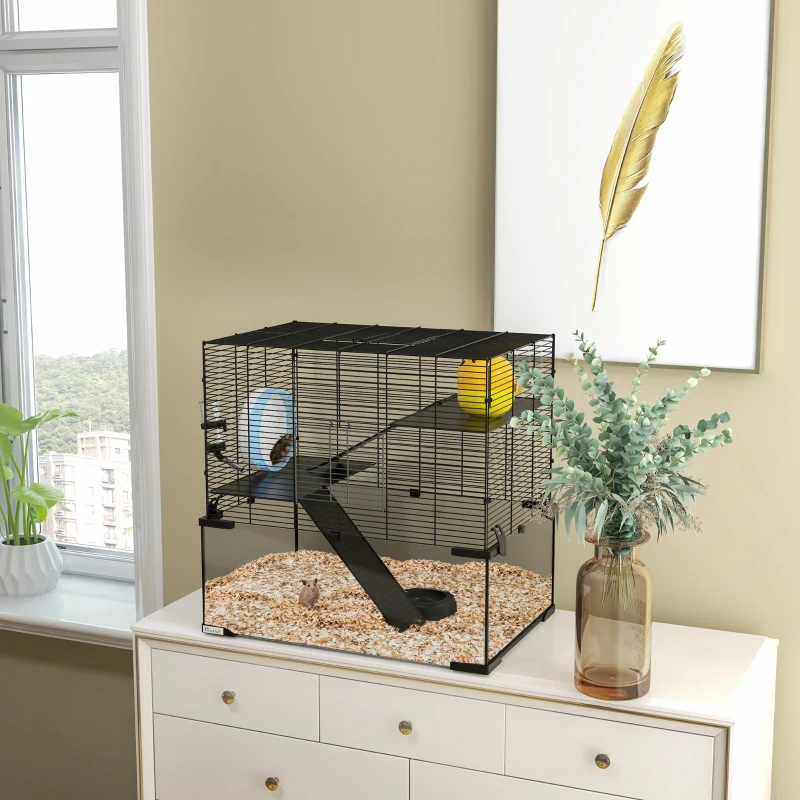 PawHut Gabbia per Criceti a 3 Livelli con Ruota, Rampe e Fondo Rimovibile, 60x40x57cm, Nero