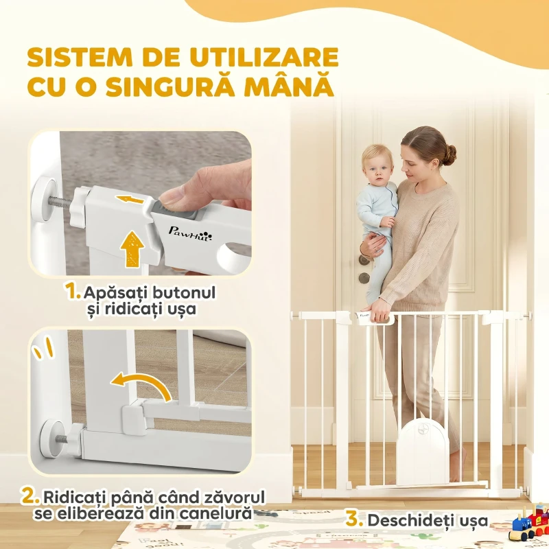 PawHut Poartă Reglabilă pentru Câini cu Ușă Mică și Închidere Automată, 75-103x76cm, Alb