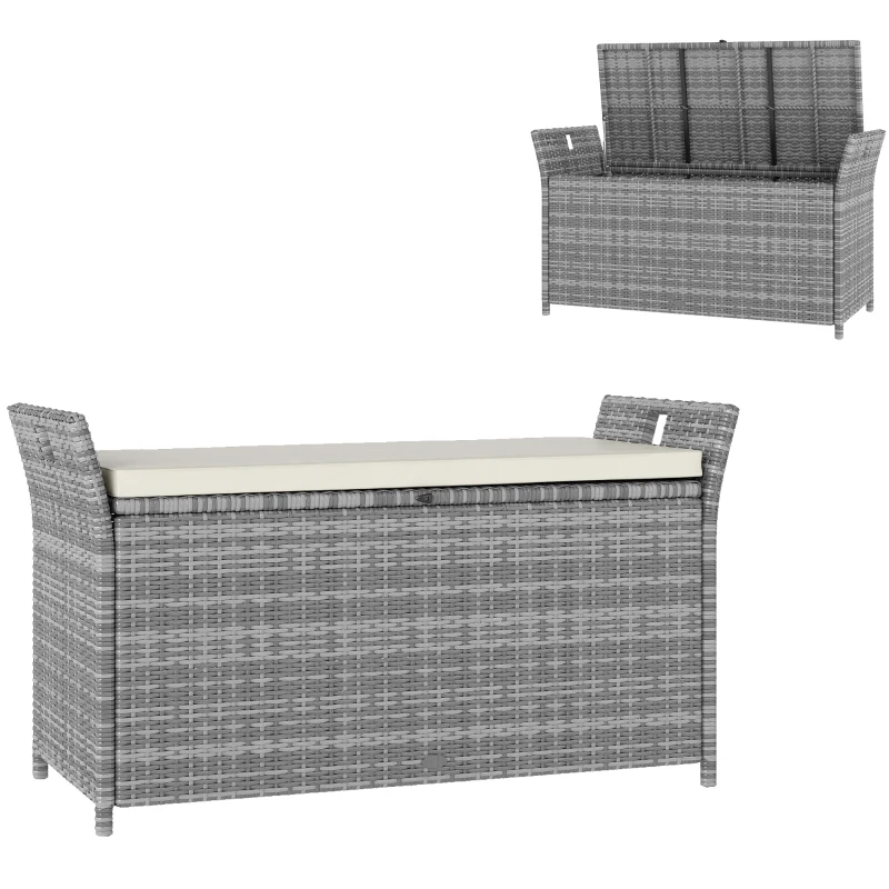 Outsunny Banc coffre de rangement extérieur en résine tressée 250L avec coussin amovible, pour jardin, balcon, blanc