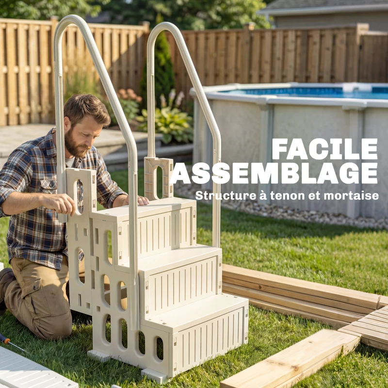 Outsunny Escalier de Piscine en HDPE avec 2 Rampes et 4 Marches pour Piscine Creusée 117-147 cm, 80,8x86x198,5cm, Crème