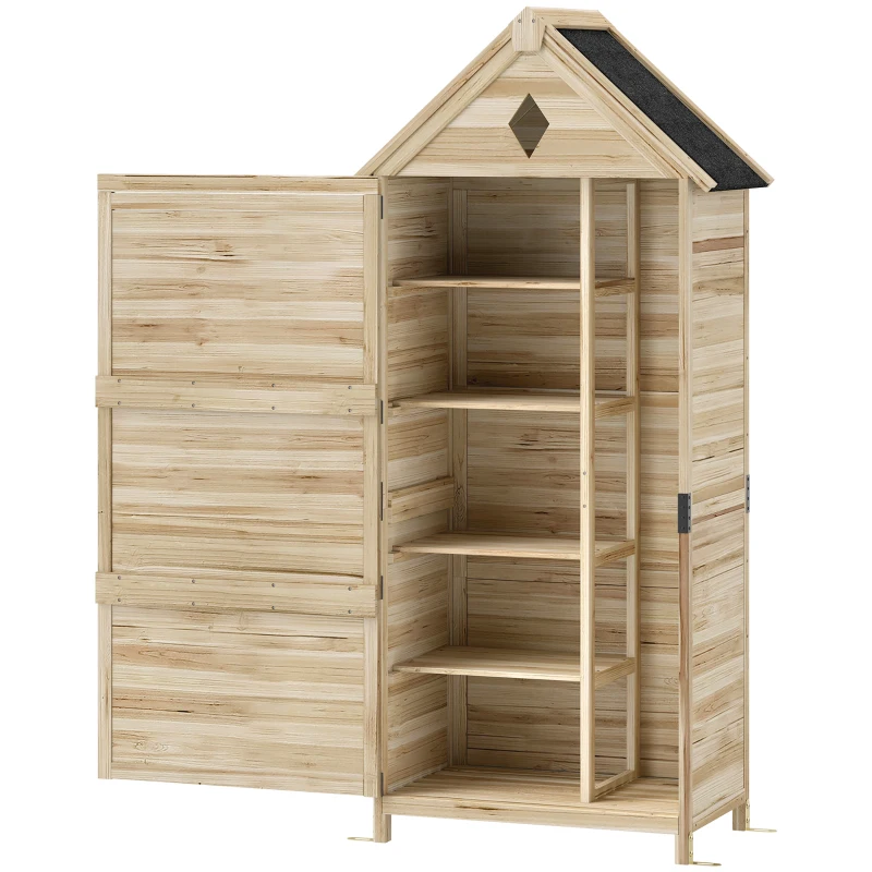 Outsunny Gartenschuppen mit 4 Regalen, Lagerschuppen aus Holz, wasserdichtes Asphalt-Dach, 80 x 49 x 170 cm, Hellbraun