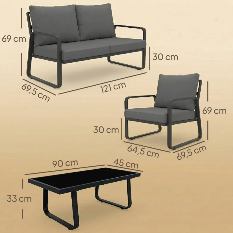 Outsunny Salon de Jardin 4 Pièces avec Coussins Déhoussables Très Épais 10cm Table Basse en Verre Trempé Noir