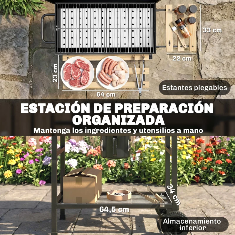 Outsunny Barbacoa de Carbón Portátil Barbacoa Carbón Barril con Asador Eléctrico Estantes Plegables Ruedas Termómetro