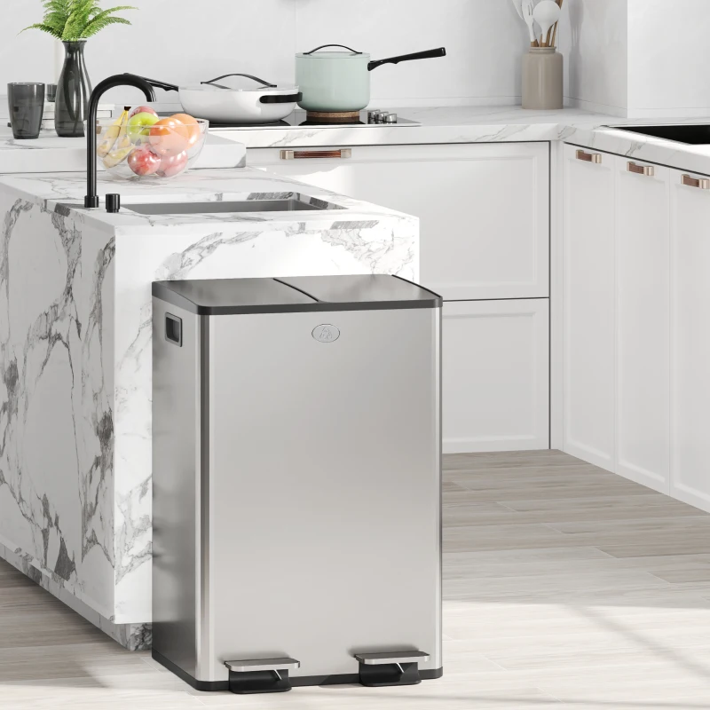 HOMCOM Pattumiera Differenziata 28L con 2 Scomparti a Chiusura Silenziosa, in Acciaio Inox e PP, 45.8x36x67.6 cm, Argento