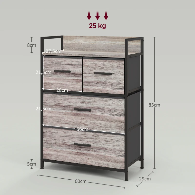HOMCOM Meuble de rangement style industriel commode 4 tiroirs en tissu pliables et amovibles et 1 étagère 60 x 29 x 85 cm gris