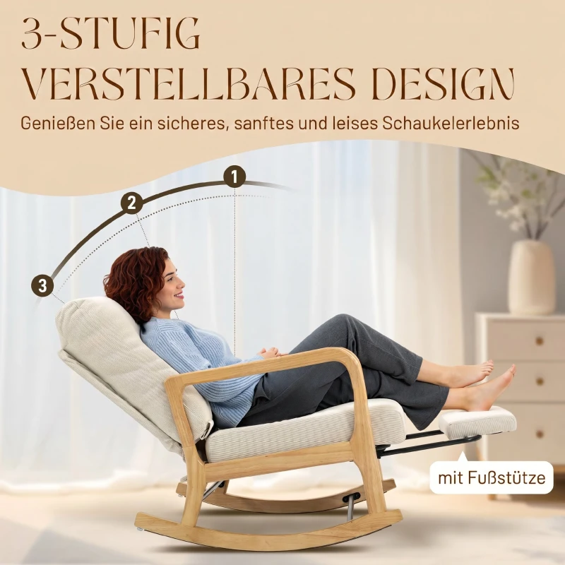 HOMCOM Schaukelstuhl Schaukelsessel mit Fußstütze verstellbar Rückenlehne Lendenkissen für Wohnzimmer, Schlafzimmer, Creme