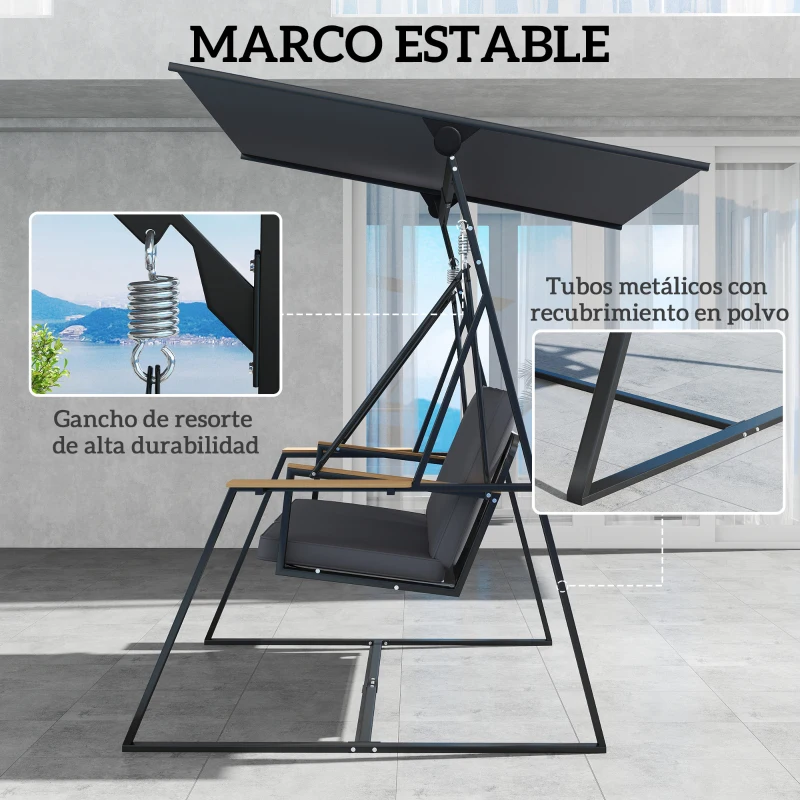 Outsunny Columpio de Jardín Exterior de 3 Plazas con Techo Ajustable 2 Bandejas Cojines y Marco de Metal Carga 360 kg Gris