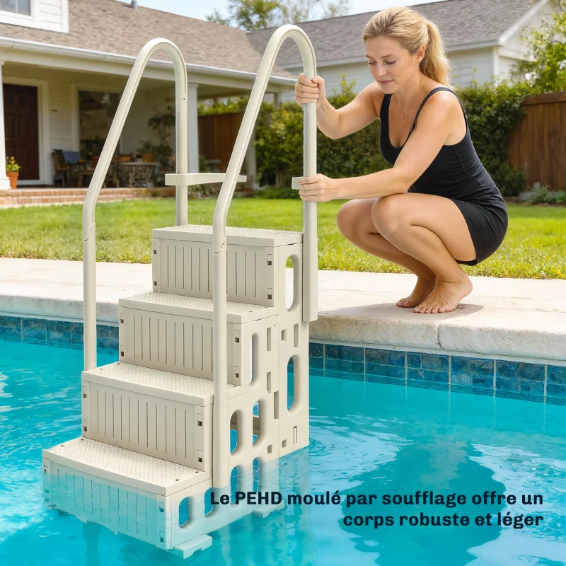 Outsunny Escalier de Piscine en HDPE avec 2 Rampes et 4 Marches pour Piscine Creusée 117-147 cm, 80,8x86x198,5cm, Crème