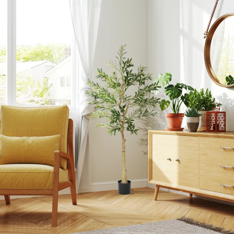 HOMCOM Kunstpflanze, Künstlicher Olivenbaum, 150 cm, 720 Blätter, 40 Oliven, stabiler Blumentopf, Dekorationspflanze, Grün