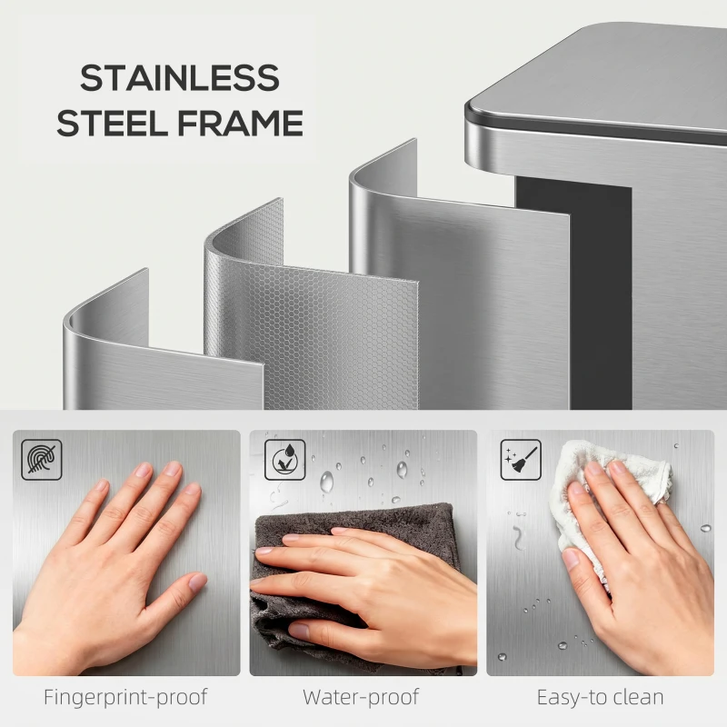 HOMCOM Bidone Immondizia a 3 Sezioni da 20L con Chiusura Silenziosa, in Acciaio Inox e PP, 61.9x36.6x56.7 cm