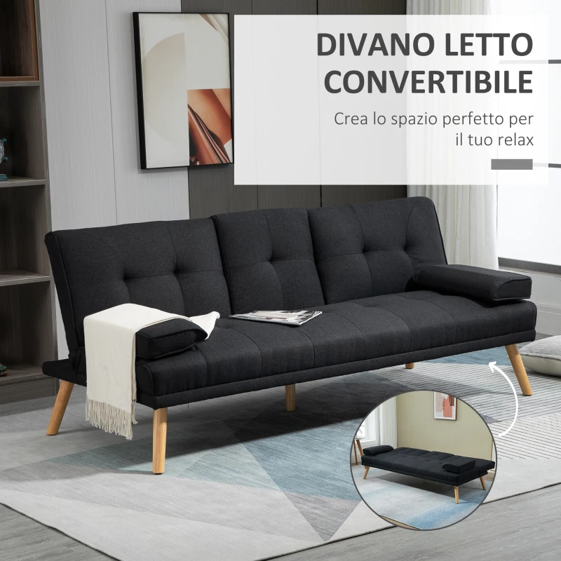 HOMCOM Divano Letto 3 Posti Reclinabile con Rivestimento Effetto Lino e Tavolino a Ribalta, Grigio