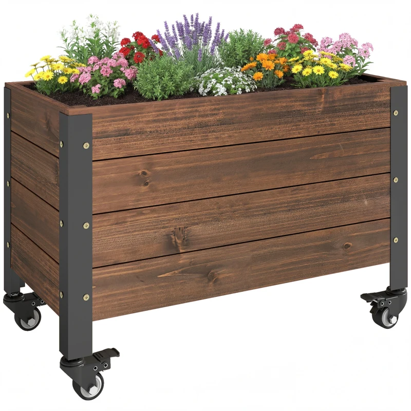 Outsunny Hochbeet Holz, Pflanzbeet mit Rolle, mobile Frühbeet Gartenbeet Blumenkasten 60 x 30 x 41cm für Garten Balkon
