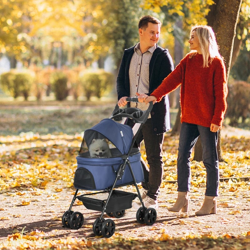 PawHut Carrito para Perros Pequeños con Ruedas Universales Cesta de Almacenaje Correas de Seguridad y Ventanas 67x45x96 cm Azul