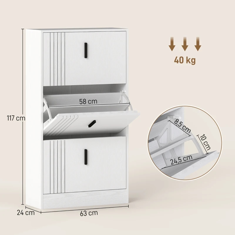 HOMCOM Meuble à chaussures armoire à chaussures à 3 abattants 18 paires grande capacité en bois 63 x 24 x 117 cm blanc