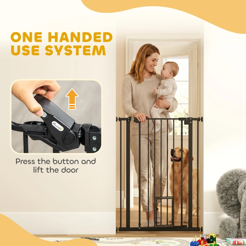 PawHut Extra Tall Pet Gate, Indoor Dog Safety Gate, with Cat Flap, Auto Close, 74-80cm Wide - Black