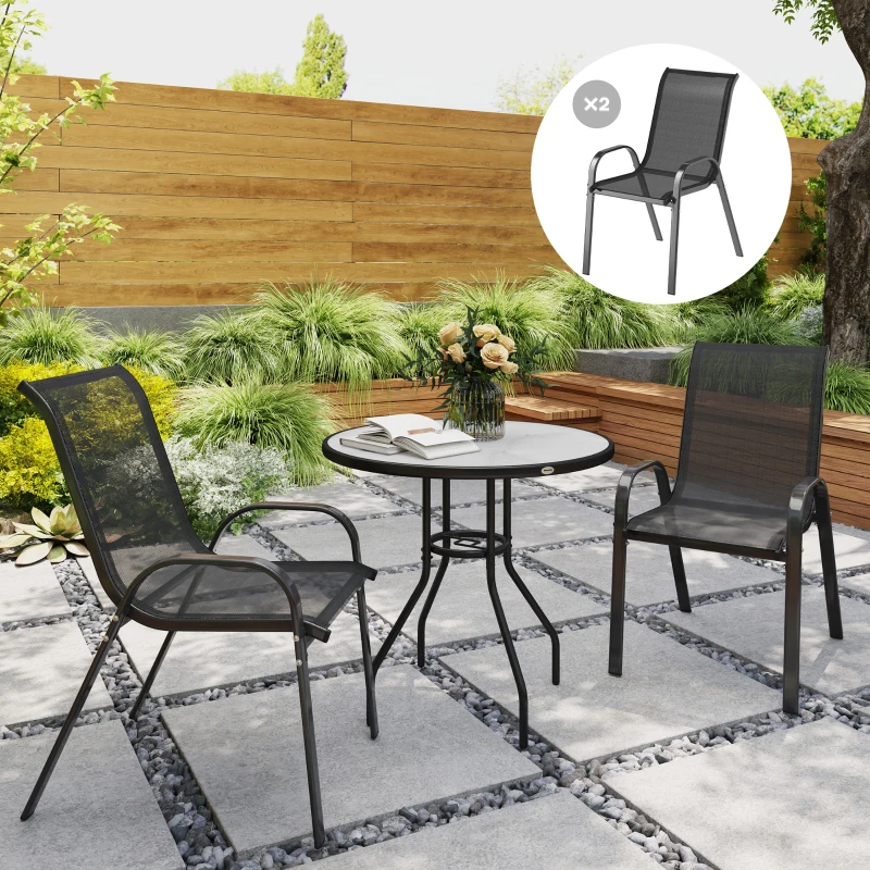 Outsunny Set 2 Sedie da Giardino Impilabili con Braccioli Curvi, in Acciaio e Tessuto Traspirante, 54x71x93 cm, Nero
