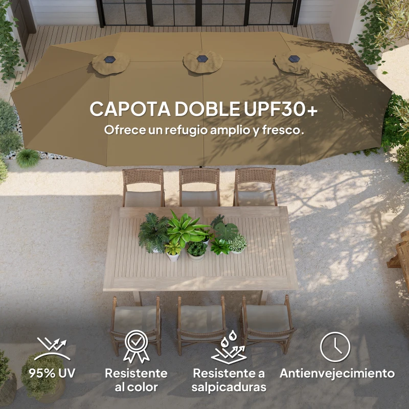 Outsunny Sombrilla Doble 4x2,2 m Sombrilla Terraza Exterior con Manivela Manual Impermeable y Protección UV30+ Café
