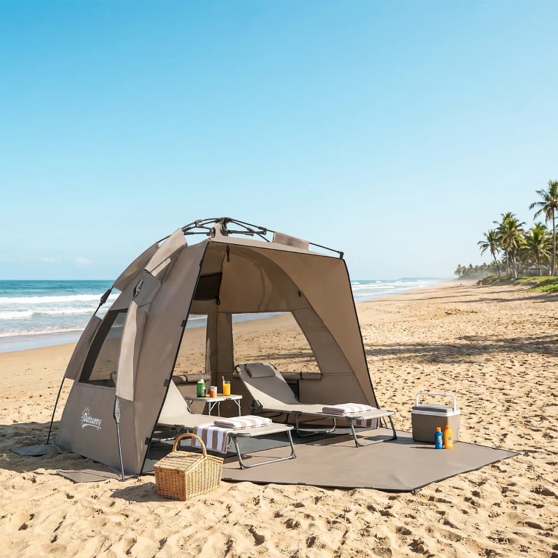 Outsunny 2-3 Person Pop Up Beach Tent, UPF15+ Sun Shelter with Extended Floor, Sandbags, Mesh Windows and Carry Bag, Brown