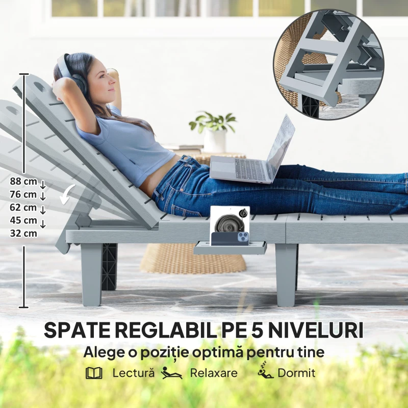 Outsunny Set de 2 șezlonguri, șezlonguri cu tăvi retractabile, înclinabile, suprafață efect lemn, 62 x 158 x 88 cm, gri