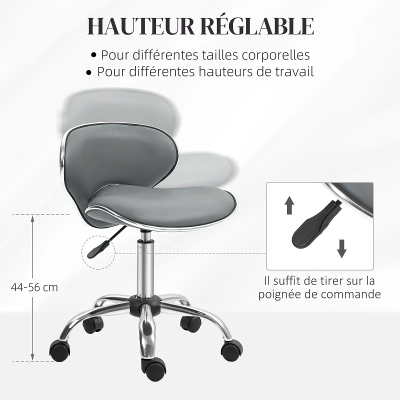 HOMCOM Tabouret à roulettes tabouret de travail avec hauteur réglable 44-56 cm et dossier, pivotant 360°, gris