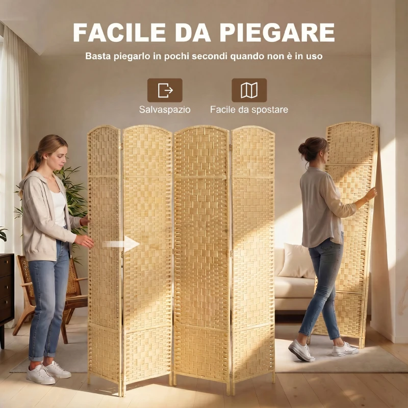 HOMCOM Paravento da Interno a 4 Pannelli Pieghevole, 180x180 cm Intrecciato in PP e Legno di Pino, Effetto Naturale